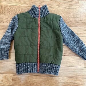 Olive Green Quilted Kids Jacket with Gray Knit Sleeves